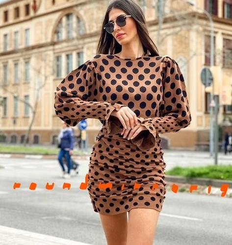 Zara Polka Dot Draped Brown Knit Dress 
