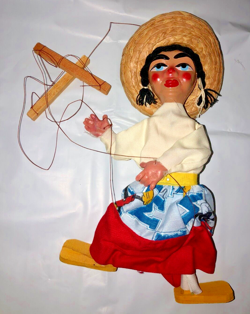 Vintage 1970s Doll Mexican Woman Marionette String Handmade Puppet Mexico Figure
