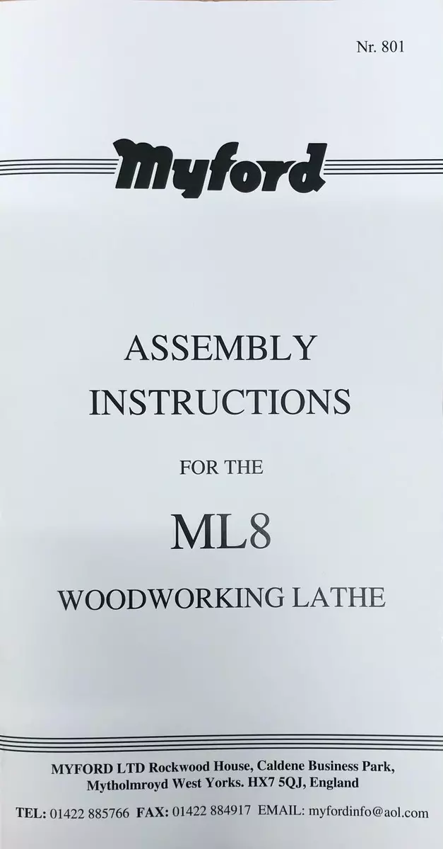 New Myford ML8 Wood Working Lathe Instructions Manual Direct From Myford