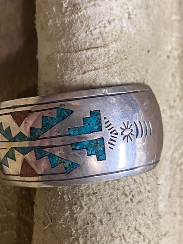 Sterling Silver Chip Inlay Coral & Turquoise Bracelet Navajo Dine Cuff - Bild 5 von 11