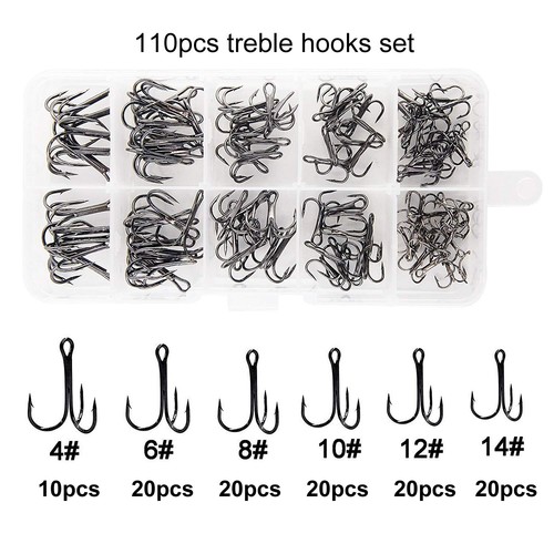 Treble Fishing Hooks Kit Black High Carbon Steel Treble Hook 2#-14# for Lures - Picture 14 of 16
