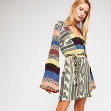 NWT FREE PEOPLE XS Multicolor Patchwork Long Bell Sleeve Sweater Dress $198