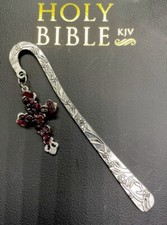 4.5" Handmade Silver-tone Metal Hook Bookmark  1.5" Gemstone Cross Pendant 60