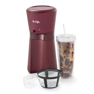 New Mr. Coffee Iced Coffee Maker w/ Reusable Tumbler & Coffee Filter, Burgundy