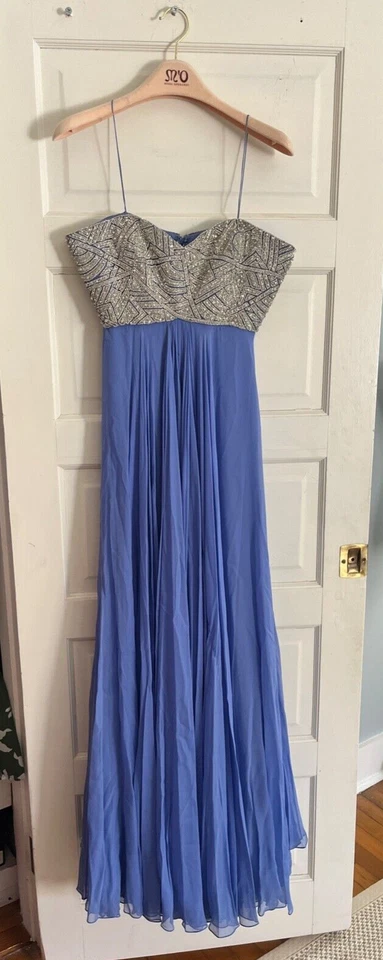 Autêntico vestido de noite Marchesa prata lantejoulas seda chiffon sem alças 14 - Imagem 2 de 4