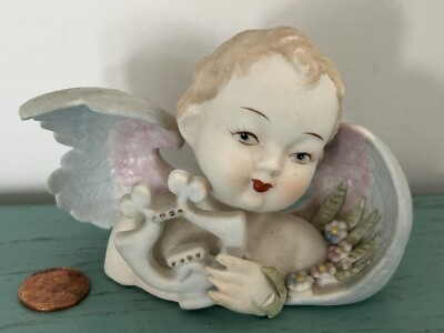 Vintage Angel Cherub Figurine w Harp Occupied Japan Lamore China Valentine WOW!