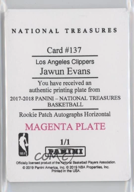 2017-18 National Treasures Printing Plate Magenta 1/1 Jawun Evans Rookie RC 1k5 - Image 2 of 3