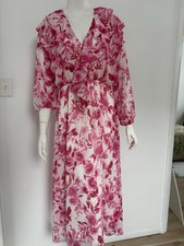 Zara Pink Floral Midi Dress With Ruffles V-neck And Long Sleeves Missing Belt