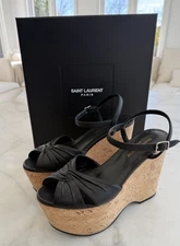 Saint Laurent PARIS YSL Black Leather Candy Cross Cork Wedge Platform Sandals