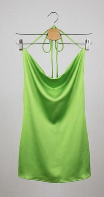 Pull&Bear Neon Green Satin Cowl Neck Backless Halter Sexy Mini Dress Size Small