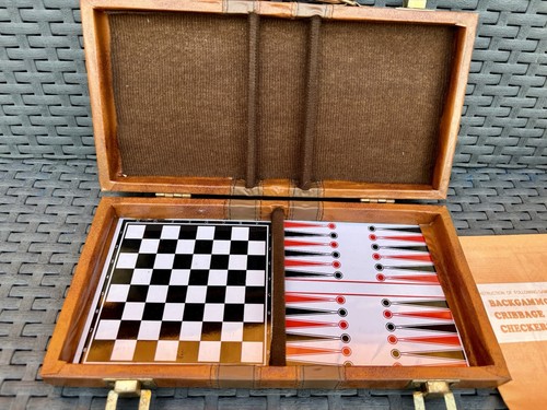 Vintage Backgammon Dominos Chess Cribbage Set Faux Leather Travel Case Complete - Picture 4 of 5