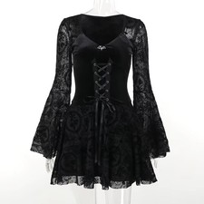 Gothic Velvet Mini A-Line Dress Women Flare Sleeve V-Neck Lace-Up Floral Party