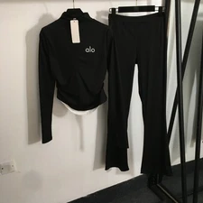 Printed Fake Two-Piece Slim Long-Sleeved Top Zipper Coat+Flared Trousers