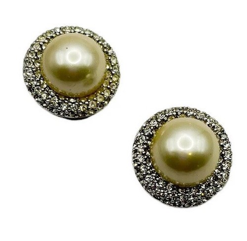 Vintage 80s Ciner Faux Pearl & Rhinestone Earrings Signed Pave Runway Clip Rare