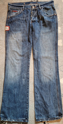 Cipo & Baxx Herren Jeans Blau W34/L32 Gerades Bein Fransen Logo Five-Pocket