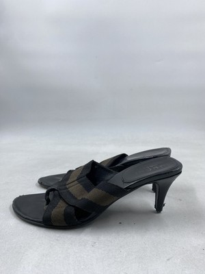 Gucci 91049 Black Brown Web Stripe Kitten Heel Mule Sandals Size 6B COA