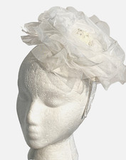 Cara Fascinator Headband Ivory Mesh Netting Flower Pearls Feathers Rhinestones