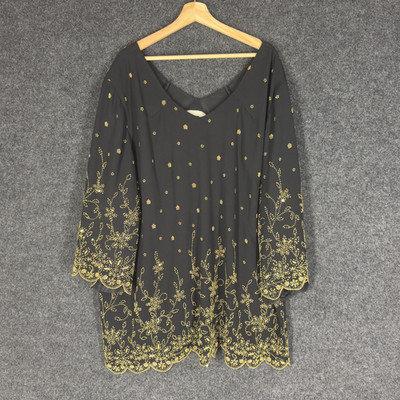 Another Thyme Blouse Women 4X Plus Black Floral Rhinestone 3/4 Sleeve V-Neck