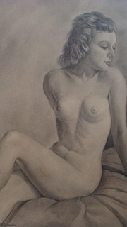 Vintage Original Erotic Charcoal/Pencil Drawing Girl Nude Heinr. Fluted... 1948