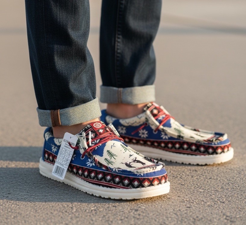 Hey Dude Wally Holiday Cheers Men's 10 White Multi Casual Shoes Xmas Limited