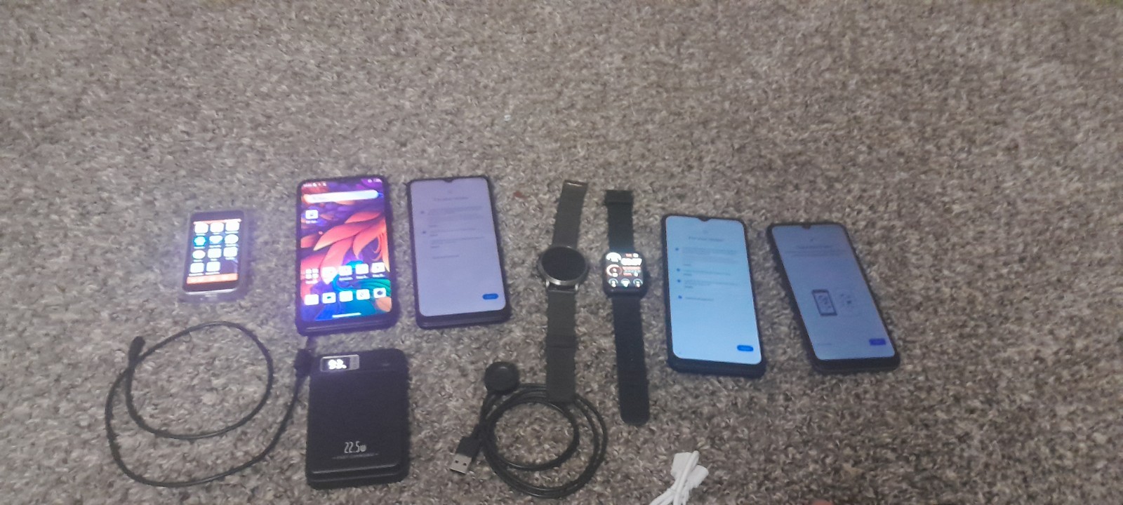 Lot of 5 Smartphones + 2 Smartwatches + Power Bank + Charging Cables Read Descr
