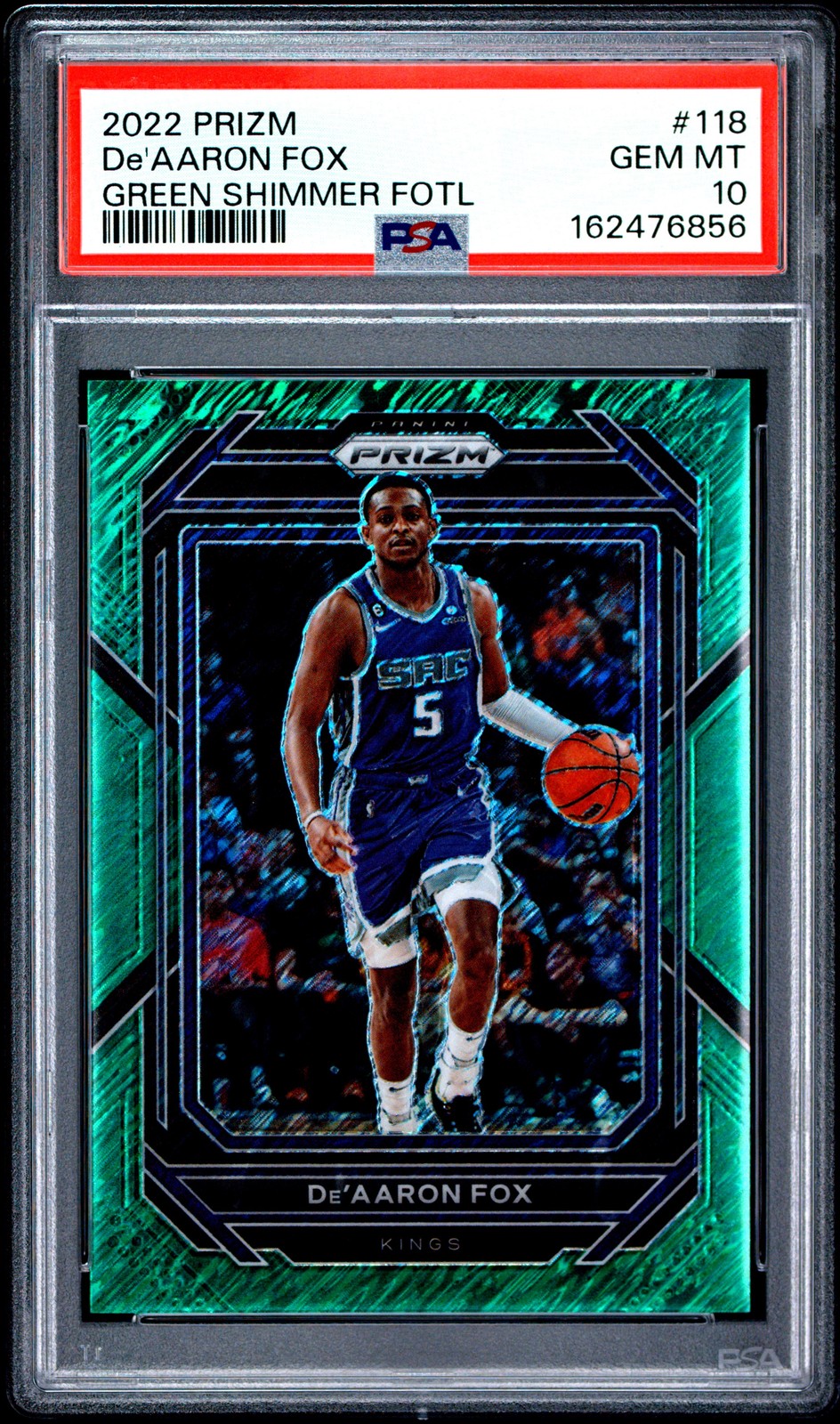 2022 PANINI PRIZM GREEN SHIMMER FOTL #118 DE'AARON FOX 4/5 PSA 10