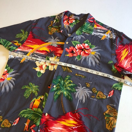 vtg mens Hawaiian Shirt Sz L Gray Tropical Floral Volcano Tucan Palms S/S Cotton - Picture 12 of 17
