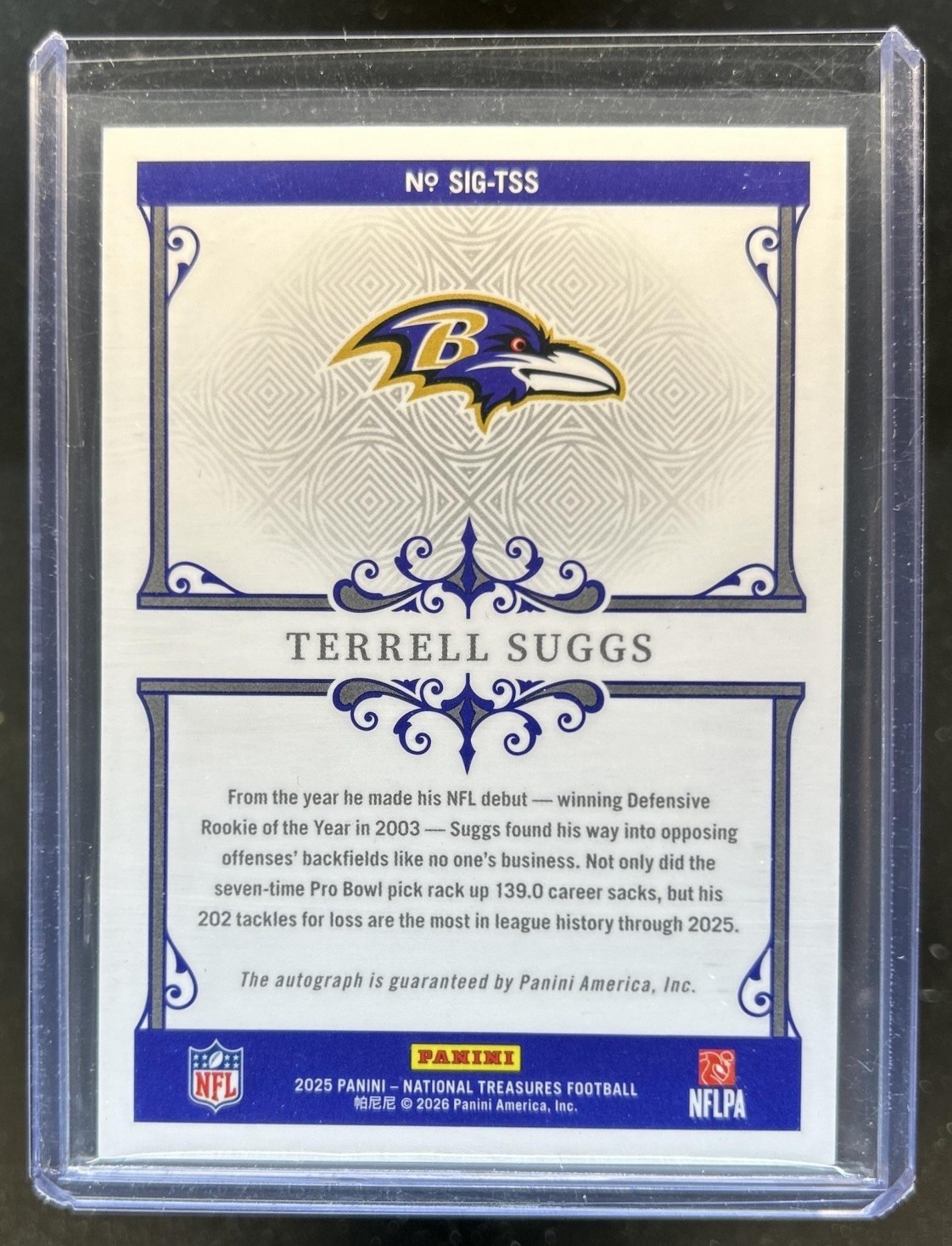 2025 Panini National Treasures Terrell Suggs Signatures Platinum Auto #1/1 view 2