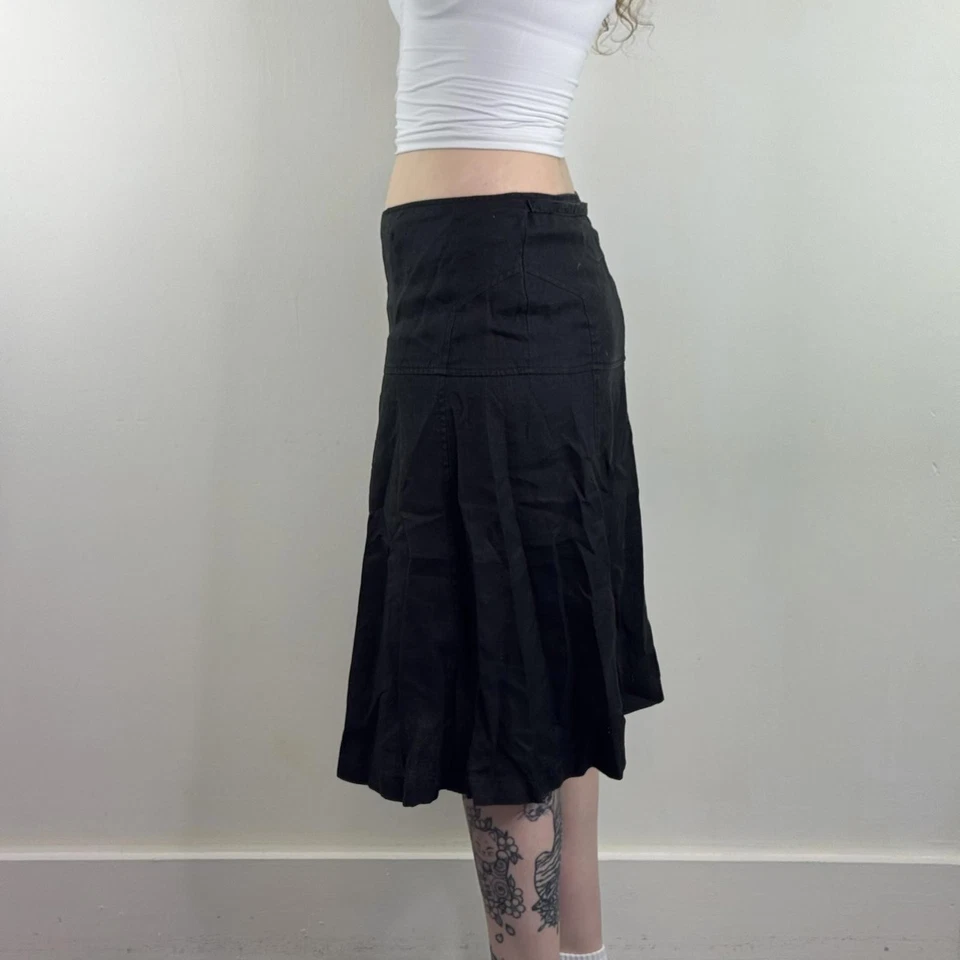 Y2K vintage 100% linen midi skirt wrap around knee length a line fit bow belt - Image 3 of 4