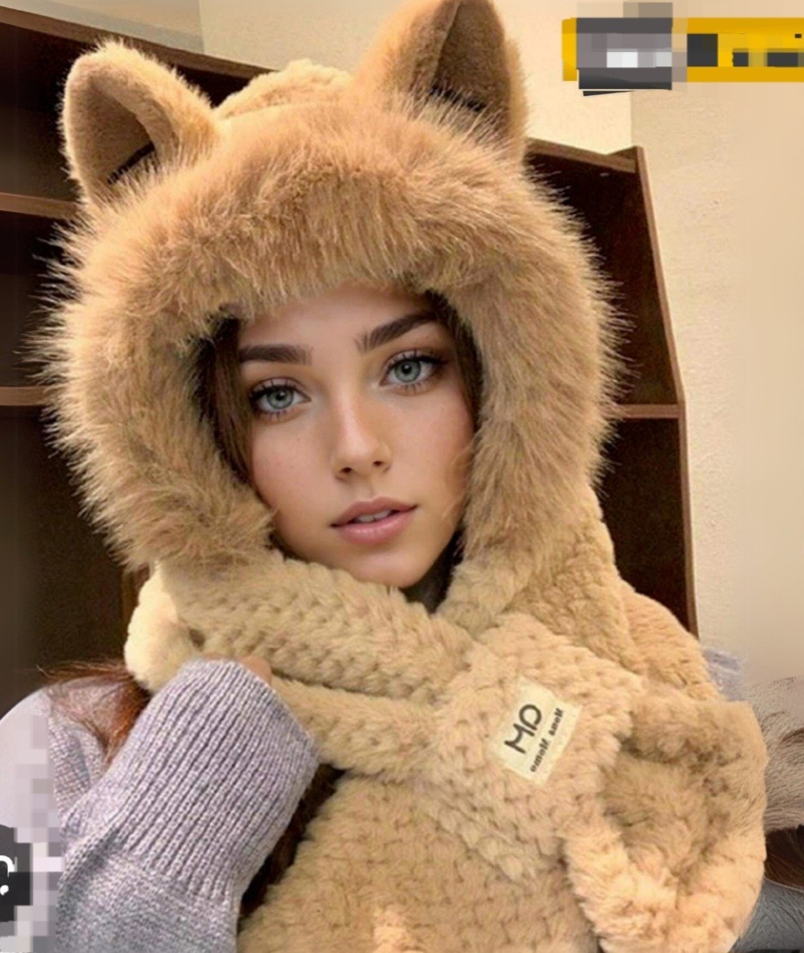Mona Momo Winter Hooded Scarf Plush Neck Warmer with Cute