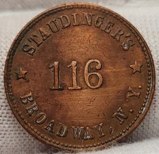 Rare Patriotic 1863 Civil War Token - Staudinger's, Broadway, New York - CWT-8H
