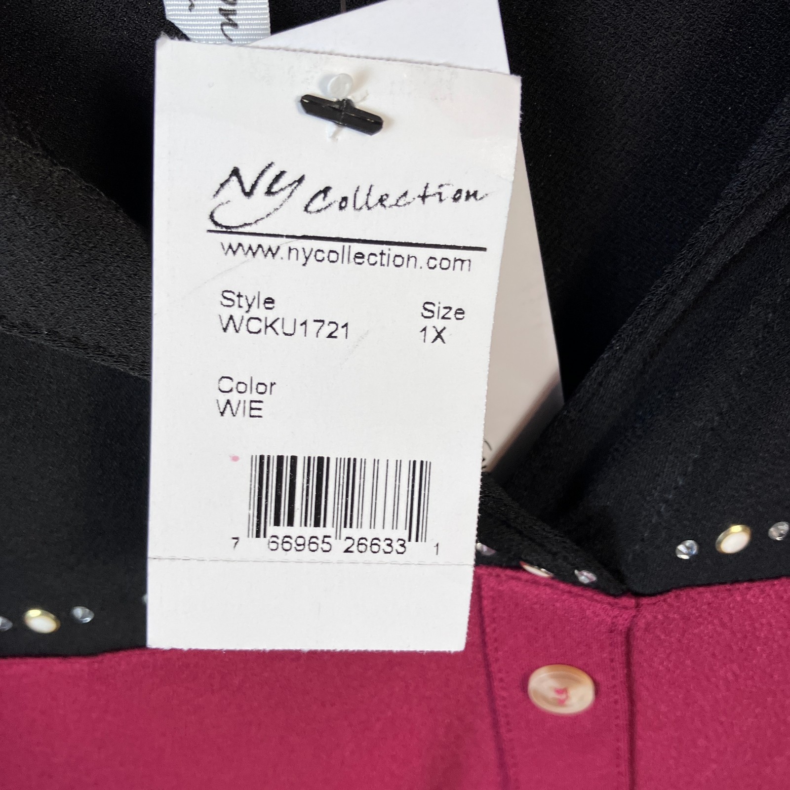 NY Collection Women's Jeweled Long Sleeve Button Top Size 1X Wine Colorblock NWT