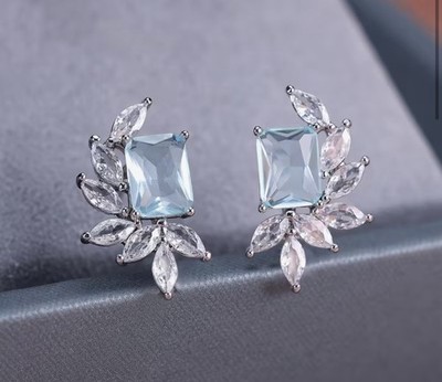 Blue Crystal Stud Earrings Silver Marquise Leaf Dainty Elegant Gala Event Gift 