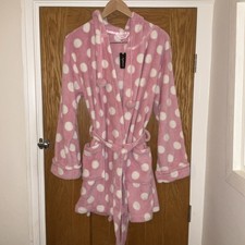 Ladies Pink and White Polka Dot Spotted Soft Fleece Dressing Gown, Size M, New 
