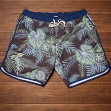 Fair Harbor Swim Trunks Men  s Xl Blue Tropical Leaf Print Elastic Waist