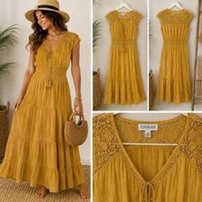 Luxology Maxi Dress Womens 2X Brown Lace Yoke Smocked Boho Cottagecore Prairie
