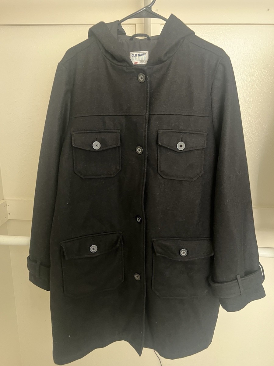 Wool Vintage Old Navy Women Black Hooded Button Front Long Coat