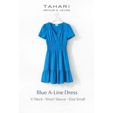 Tahari Arthur S Levine Blue A-Line Dress V-Neck Short Sleeve Small