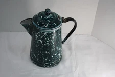 Blue Green WHITE SWIRL COFFEE POT Chrysolite Graniteware Enamelware ANTIQUE