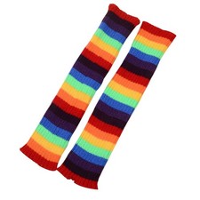 Women Student Knit Leg Warmers Crochet Ribbed Rainbow Striped Boot Socks