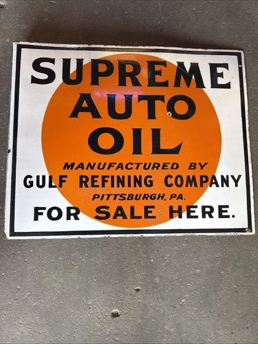 Vintage Original Early GULF OIL CO SUPREME Auto OIL Porcelain Flange Sign
