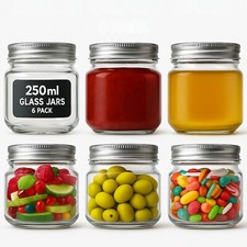 6x Mason Jars with Airtight Lids, Labels & Pen – Oats, Snacks, Olives, Jam 250ml