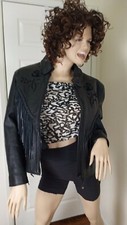Leather Club Women's Moto Leather Jacket W/ Fringes, Black Rose Size Medium
