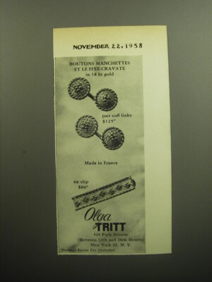 1958 Olga Tritt Jewelry Ad - Boutons Manchettes et le fixe-cravate