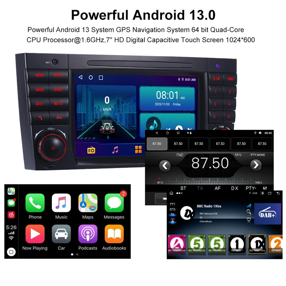 7" Android 13 CarPlay Autoradio 32G GPS Navi Für Mercedes C/CLK Klasse W203 W209 - Bild 2 von 4