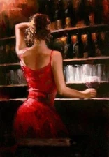 LMOP0336L Handmade Painted Red Dress Lady In Bar Art Oil Painting On Canvas