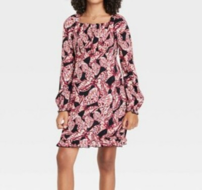 Girls' Long Balloon Sleeve Woven Dress Butterfly Black/Maroon art class S M XXL