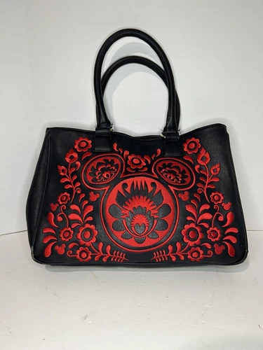 Disney Boutique Purse Black Embroidered Red Mickey Icon and Flowers