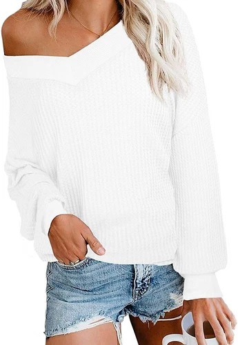 iGENJUN Women's Casual V-Neck Off-Shoulder Batwing Sleeve Pullover Sweater Tops - Picture 72 of 94