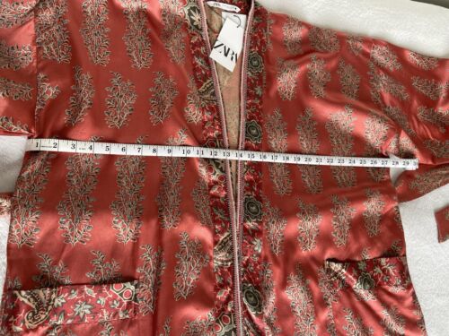 Zara Coral Brick Red Satin Floral Embroidered Lapel Belted Kimono Size M BNWT - Picture 12 of 23